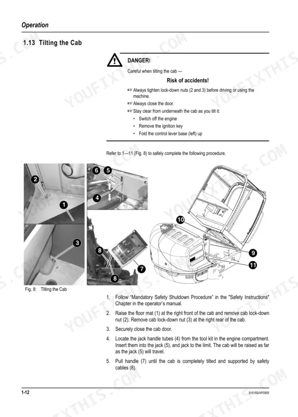 Mustang ME7503ZT service manual page showing safety warnings and step-by-step procedure for tilting the cab.