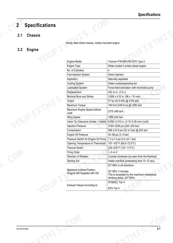 Mustang ME7503ZT service manual specifications table for Yanmar 4TNV98-VNS engine performance and operating data.