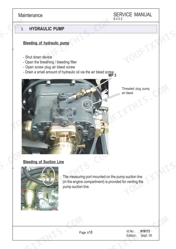 Mustang ME8002 service manual page showing hydraulic pump air bleeding and suction line venting procedures.