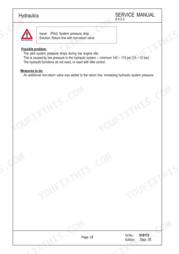 Mustang ME8002 service manual page covering hydraulic pilot system pressure drop troubleshooting and non-return valve fix.