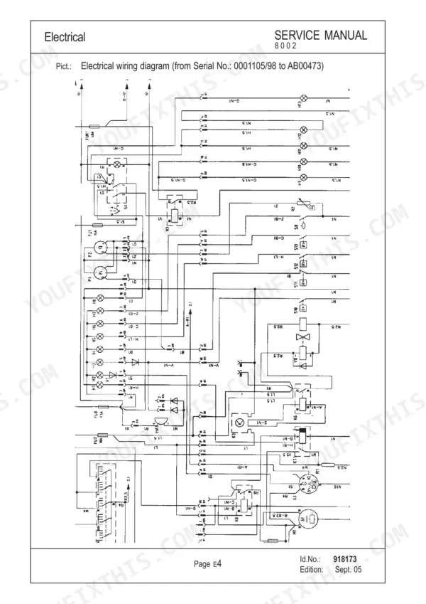 Mustang ME8002 electrical wiring diagram for serial numbers 0001105/98 to AB00473 showing relays, fuses, and components.