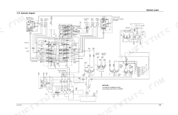 Mustang ME8003 hydraulic system diagram showing cylinders, joysticks, swivel unit, and travel drive components.