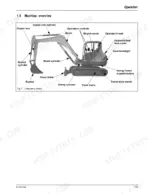 mustang-me8003-compact-excavator-service-manual-918170-operations-11.webp Mustang ME8003 machine overview diagram labeling boom, bucket, cylinders, operator controls, and track components.