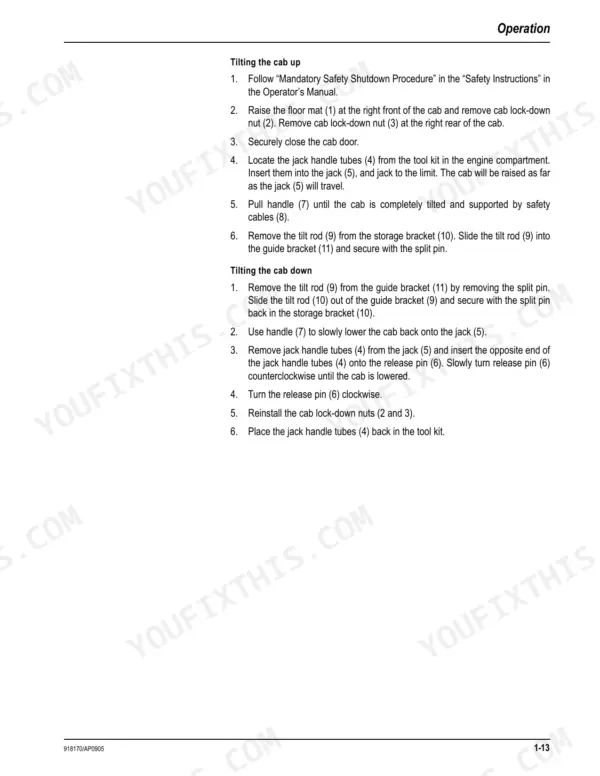 Mustang ME8003 service manual page detailing step-by-step procedures for tilting the cab up and down.