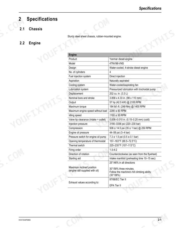 Mustang ME8003 engine specifications table for Yanmar 4TNV98-VNS diesel engine including torque, pressure, and displacement.