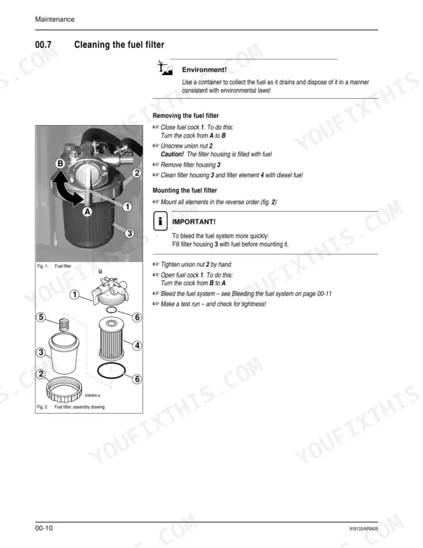 Mustang ML 28 service manual page showing procedures for cleaning and replacing the fuel filter assembly.