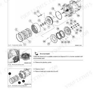 Mustang ML 48T exploded view of front axle brake cylinder, planetary drive components, and removal procedures.
