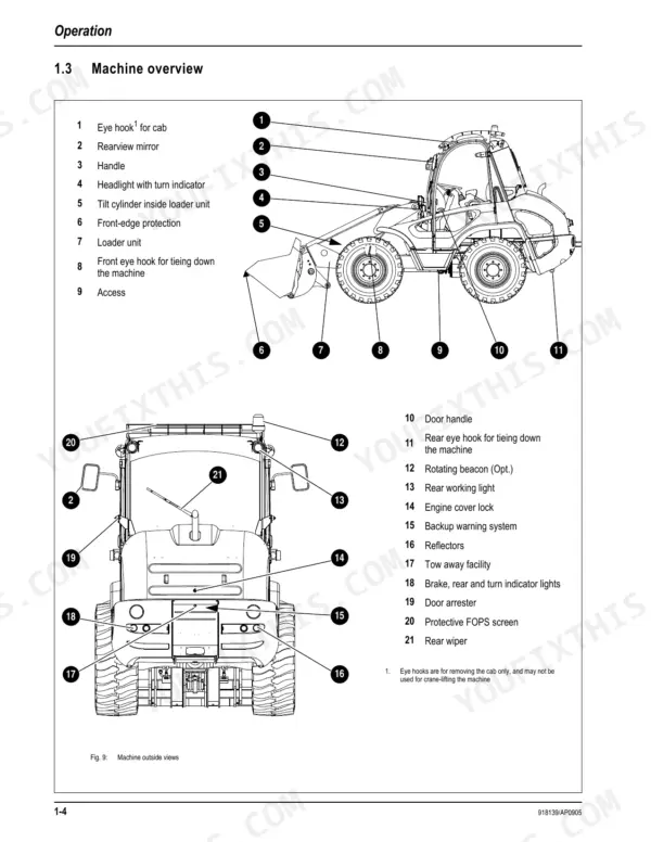 Mustang ML 48T machine overview diagram showing exterior components, lights, hooks, and cab features with numbered key.