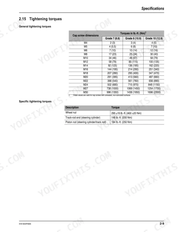 Mustang ML 48T service manual page showing general and specific tightening torque tables for fasteners and components.