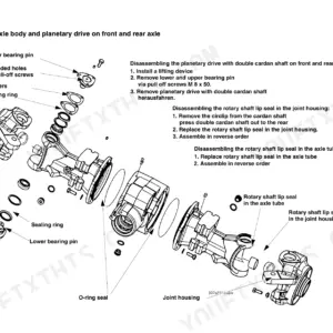 Mustang ML42, ML43, 318, 418, 418 Telescopic, 308 63, 311 66, 311 00 exploded view of axle body, planetary drive, and seals.