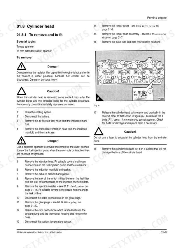 Mustang ML42, ML43, 318, 418, 418 Telescopic, 308 63, 311 66, 311 00 Perkins engine cylinder head removal procedure diagram