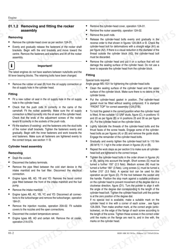 Mustang ML52 service manual: procedures for removing and fitting the rocker assembly and cylinder head assembly.