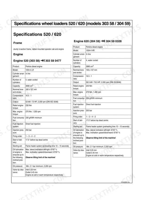 Mustang ML52 service manual specifications table for Perkins 1004-4 LR and 1004-4 HR diesel engines in 520 and 620 loaders.