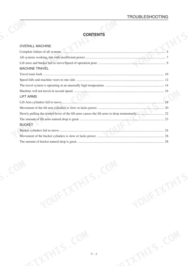 Mustang MTL16 troubleshooting contents page listing lift arm, bucket, and machine travel system fault sections.