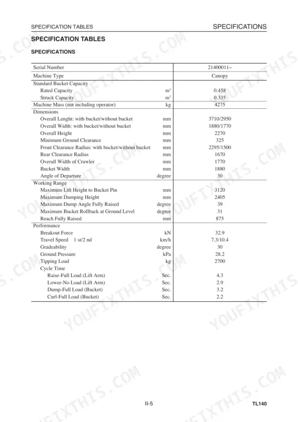 Mustang MTL20 service manual specification table listing bucket capacity, machine dimensions, working range, and performance.