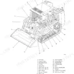 Mustang MTL25 component identification diagram showing lift arm, bucket, tracks, and hydraulic systems with numbered parts list.