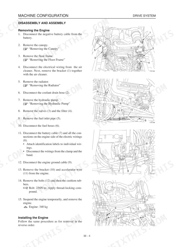 Mustang MTL25 engine removal and installation procedure with numbered component diagrams for the drive system.