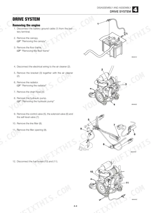 Mustang MTL312 service manual page showing engine removal procedures, battery, air cleaner, and hydraulic component diagrams.