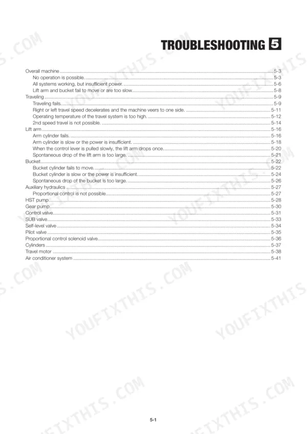 Mustang MTL312 troubleshooting section table of contents for machine, travel, lift arm, bucket, and hydraulic systems.
