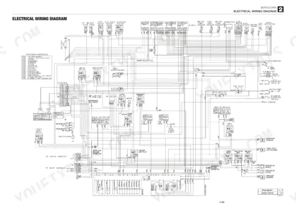 Mustang MTL312 electrical wiring diagram showing fuse box address, relays, sensors, and harness connections.