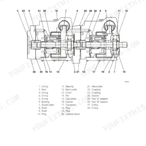 Mustang MTL316 HST pump assembly exploded view diagram with numbered components list including shafts, seals, and bearings.