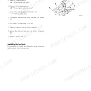 Mustang MTL320 service manual page showing removal and installation procedures for the fuel tank with component diagram.