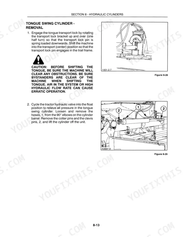 New Holland 1431 tongue swing cylinder removal procedure with diagrams of the transport lock and hydraulic cylinder pins.