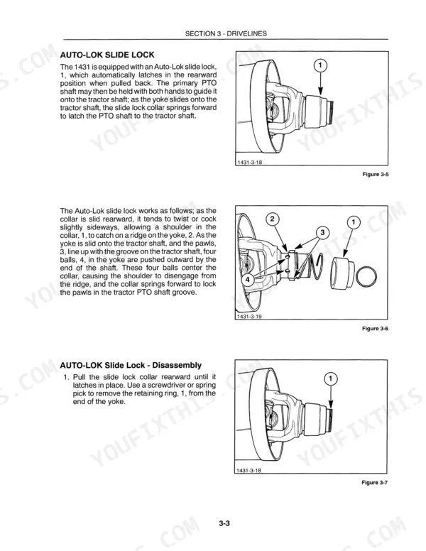 New Holland 1431 driveline Auto-Lok slide lock operation, component diagrams, and disassembly procedure.