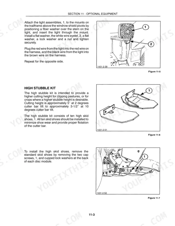 New Holland 1431 optional light assembly and high stubble kit installation procedures and component diagrams.