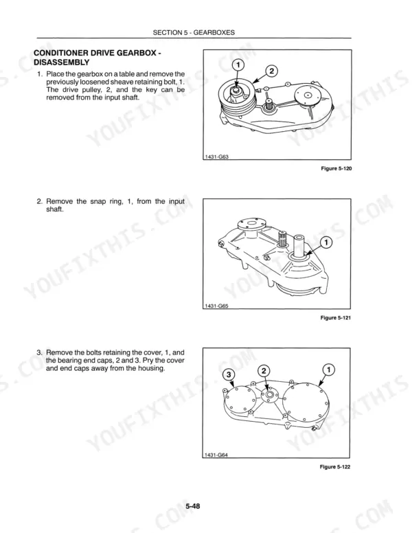 New Holland 1431 conditioner drive gearbox disassembly steps, pulley, snap ring, and cover removal diagrams.