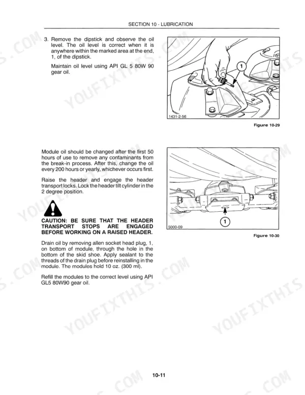 New Holland 1431 lubrication procedure for checking module oil level and draining oil using the drain plug.