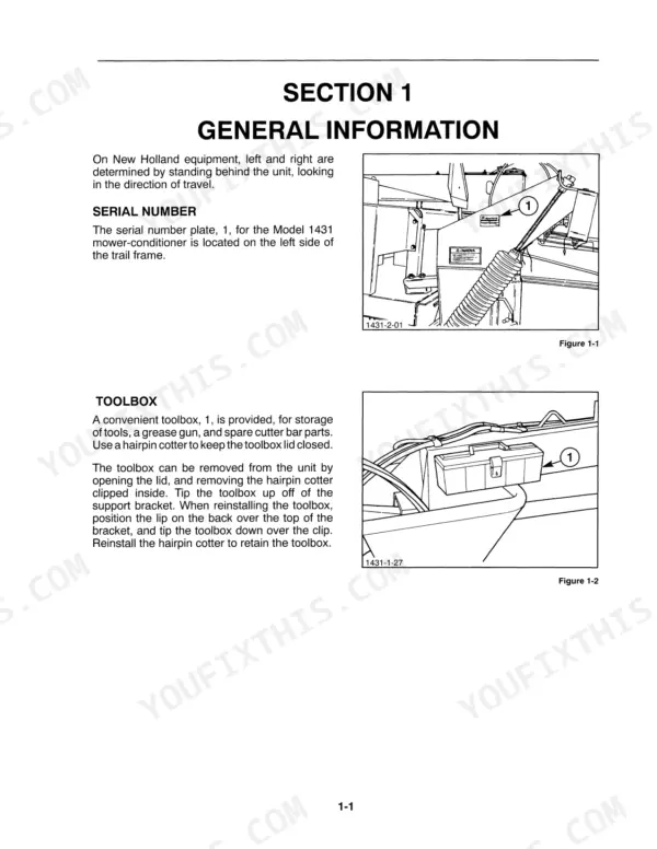 New Holland 1431 mower-conditioner manual showing serial number plate location and toolbox removal procedures.