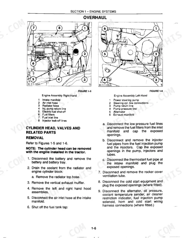 New Holland 250C-655D engine overhaul diagrams showing right and left-hand assembly components and cylinder head removal procedures.