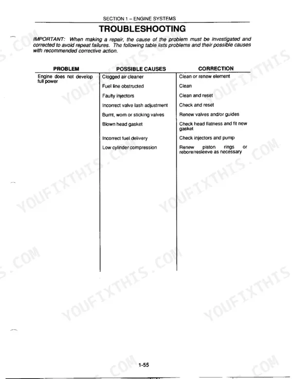New Holland 250C-655D engine troubleshooting table for engine not developing full power, listing causes and corrections.
