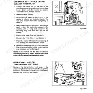 New Holland 3010S, 4010S, 5010S maintenance: changing dry air cleaner inner filter and cleaning transmission vent plug.