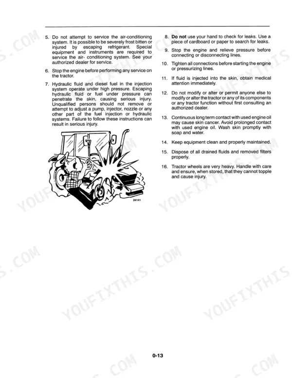New Holland 3010S, 4010S, 5010S safety precautions for hydraulic, fuel, and air conditioning system service.
