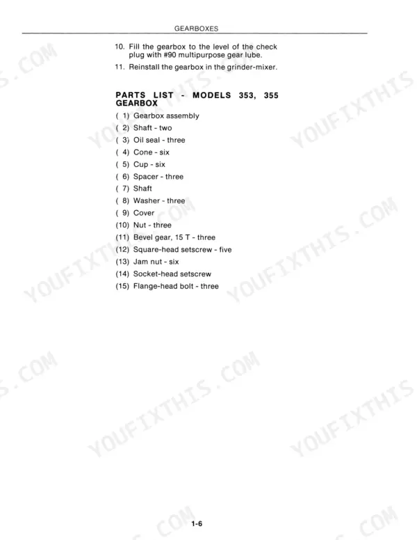 New Holland 340-359 gearbox assembly parts list for models 353 and 355, including shaft, seal, and bevel gear components.