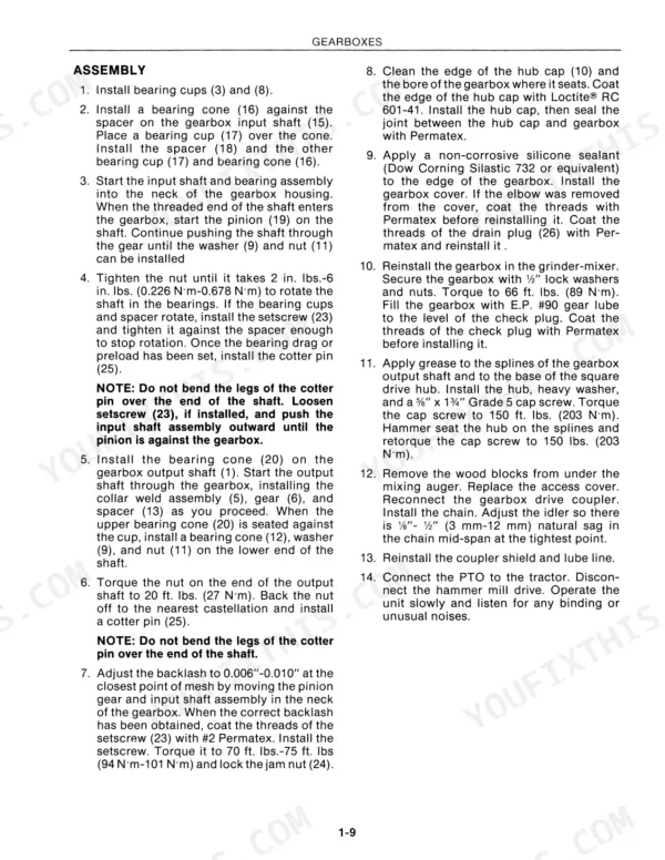 New Holland 340-359 gearbox assembly procedures, including bearing, shaft, and seal installation steps with torque specifications.