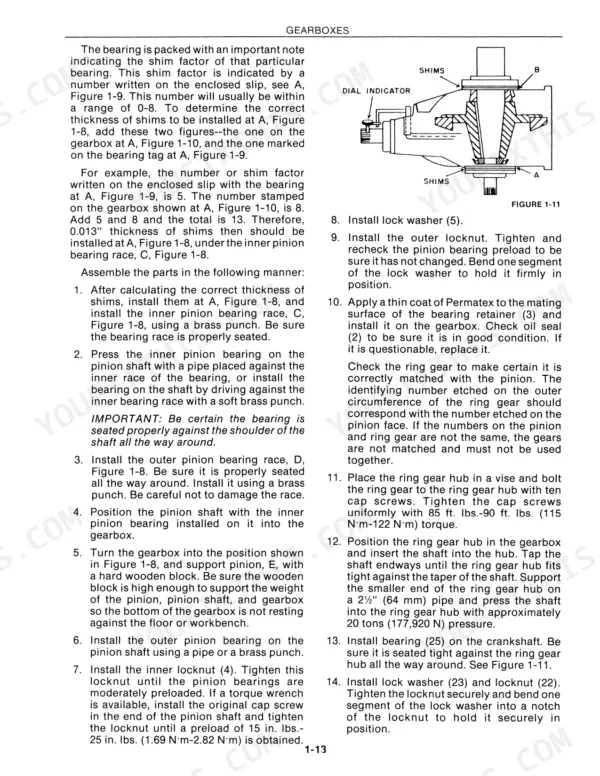 New Holland 340-359 gearbox shim calculation, bearing installation, and ring gear assembly procedures with Figure 1-11 diagram.