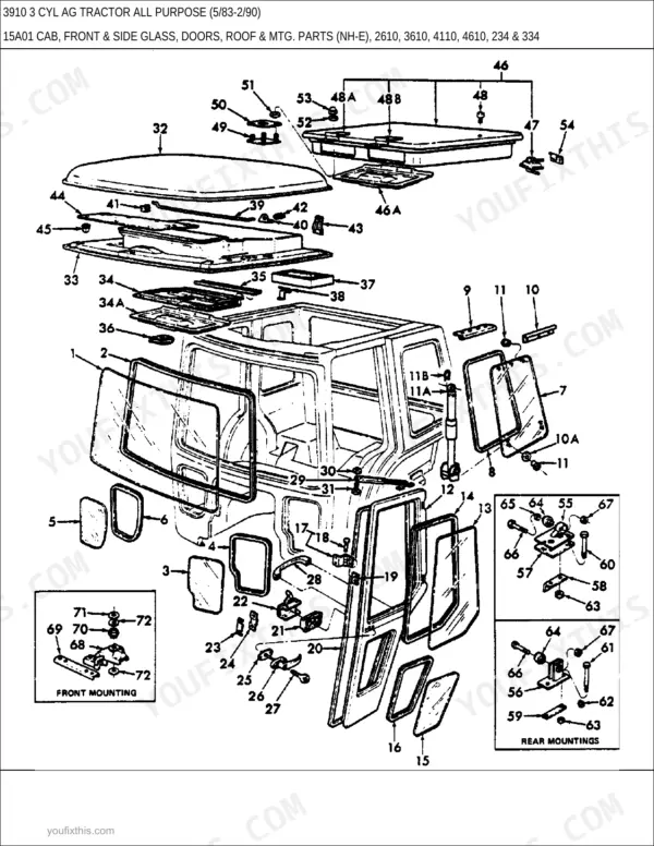 New Holland 3910 exploded view of tractor cab, including front and side glass, doors, roof, and mounting hardware.