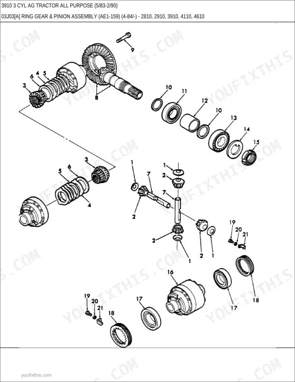 New Holland 3910 exploded view of ring gear, pinion assembly, and differential components with numbered parts list.