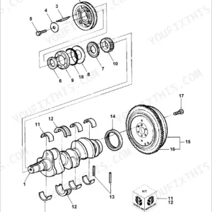 New Holland 3910 exploded view of 3-cylinder engine crankshaft, flywheel, bearings, and pulley components.