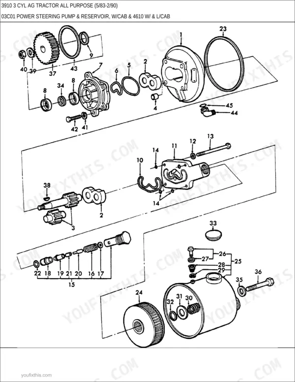 New Holland 3910 exploded view diagram of the power steering pump and reservoir assembly with numbered components.