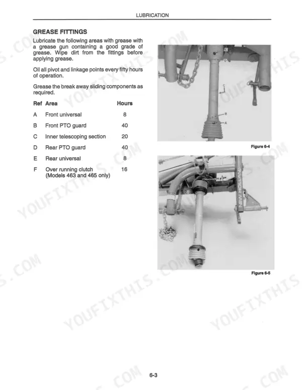 New Holland 442, 452, 462, 463, 465 PTO grease fitting lubrication points, intervals, and component diagrams.
