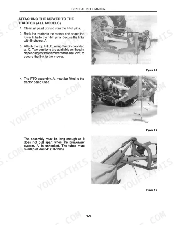 New Holland 442, 452, 462, 463, 465 procedure for attaching mower to tractor, PTO assembly, and breakaway system.