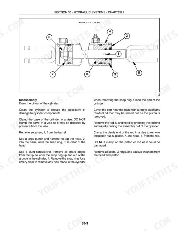 New Holland 474, 489, 492, 1465 hydraulic cylinder exploded view diagram and disassembly procedures.