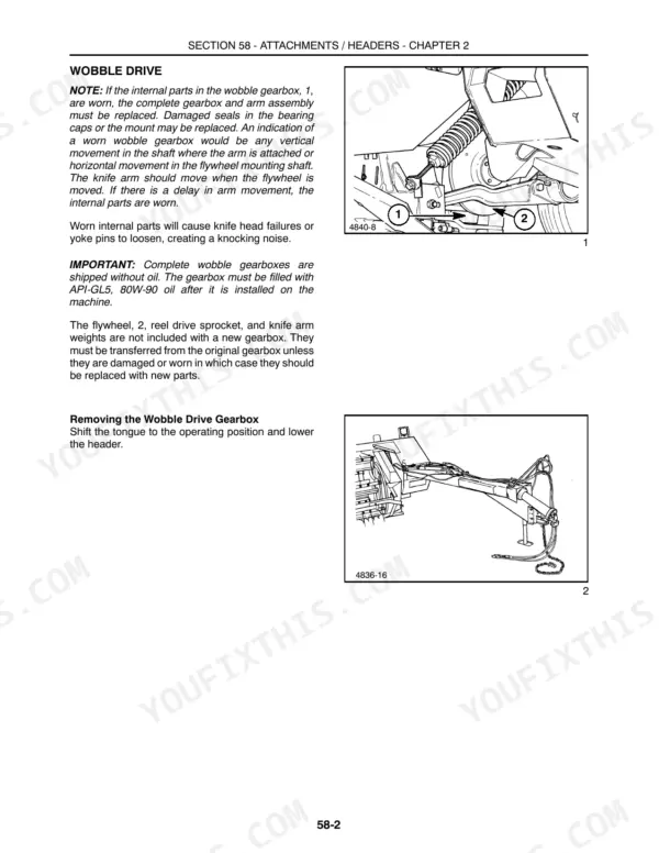 New Holland 474, 489, 492, 1465 wobble drive gearbox inspection, maintenance, and removal procedure diagrams.