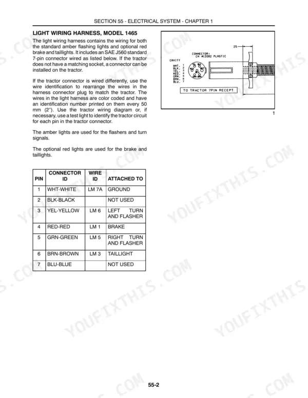 New Holland 474, 489, 492, 1465 light wiring harness diagram and 7-pin connector pinout table for model 1465.