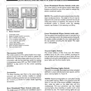 New Holland 555D, 575D, 655D, 675D rocker switch diagram and operation instructions for lights, wipers, and accessories.
