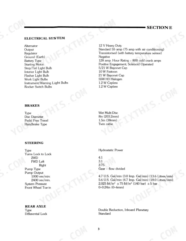 New Holland 555D, 575D, 655D, 675D electrical, brake, steering, and rear axle technical specifications table.